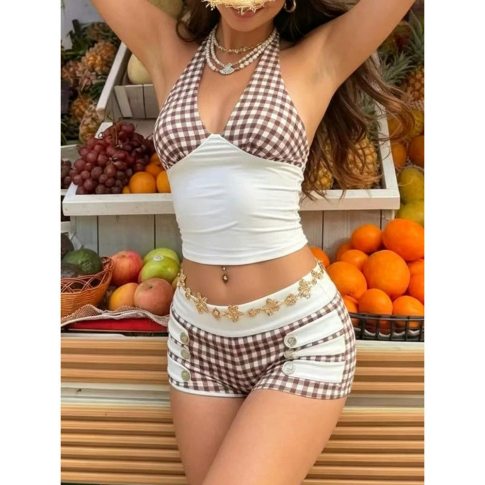 Zara Summer Fitted Halter Backless Vacation Top Casual Shorts Set